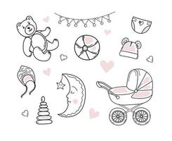 Satz von handgezeichneten Babymädchen. Cartoon-Skizze-Stil-Doodle für Symbol, Banner. Elemente kleine Babykleidung. vektor