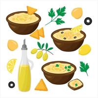 vektorsatz hummusplatte mit kichererbsen, olivenöl, petersilie, chips, zitrone. Nationalgericht von Israel. Internationaler Hummus-Tag.