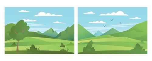 uppsättning av tecknad platt panorama av våren sommaren vacker natur, gröna gräsmarker äng med berg på horisonten bakgrund, sommar bergslandskap, gryning över dalen. vektor illustration