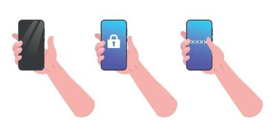 uppsättning av en hand som håller smartphone. säkerhet tom skärm med lösenord, telefonmockup, säkerhetsapplikation på pekskärmsenhet. vektor illustration.