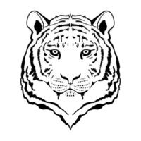 Vektorhand gezeichnet in Tinte Tigerkopf. frohes chinesisches neujahr 2022 jahr des tigers. gesicht für tätowierungslogos, embleme, abzeichen, schablonenetiketten und t-shirts vintage designelemente. isoliert auf weiß.