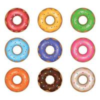 Satz bunte Donuts der Karikatur. heller leckerer süßer Donut mit zuckerkaramellfarbener Glasur und verziert mit bunten Dekoelementen. Platine für Menügestaltung, Cafédekoration, Lieferung. vektor