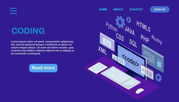 mjukvaruutveckling, programmeringsspråk, kodning. digital teknologi. isometrisk bärbar dator, dator. vektor design