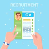 cv företags CV i handen. anställningsintervju, rekrytering, sök arbetsgivare, anställning. mänskliga resurser. vektor design