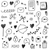 liebe clipart handgezeichnete kritzeleien zum st.valentinstag mit herzen, bogen, pfeilen, gift, schriftzug, kalender, girlande, laternen, brief, geschenk, ballon, gesprächswolke, sprechblase vektor