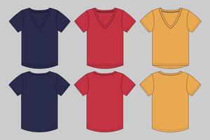 mehrfarbige T-Shirt-Vektorillustrationsschablone mit V-Ausschnitt für Damen.