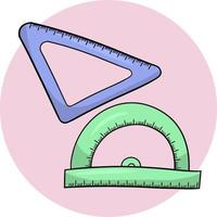 Schullineale, Winkelmesser und dreieckiges Lineal, runde Karte mit einem Lehrbuch auf rosa Hintergrund, Vektorillustration, Gestaltungselement vektor