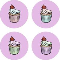 en festlig cupcake med mångfärgad grädde och ett bär på toppen, på en rund rosa bakgrund. vektorillustration för vykort, ikon, logotyp och klistermärken, designelement vektor