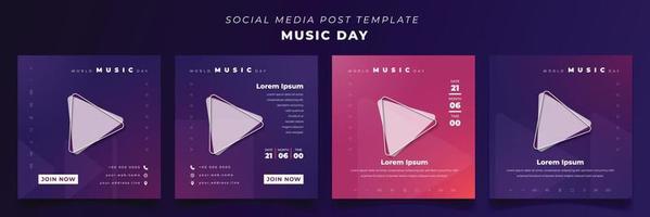 Satz von Social-Media-Beitragsvorlagen mit lila Hintergrund mit Farbverlauf für das Design des Musiktages vektor