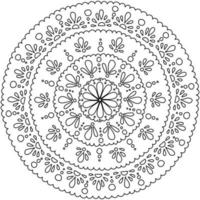 Kontur-Antistress-Mandala mit einem Blumenmotiv in der Mitte und Tröpfchen in einem Kreis, runde Malseite aus sich wiederholenden abstrakten Elementen vektor