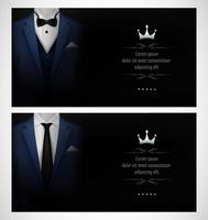 Reihe von blauen Smoking-Visitenkartenvorlagen mit Herrenanzügen und Abendgarderobe