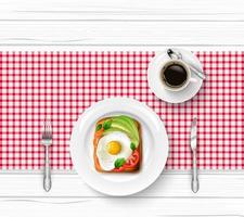 frühstücksmenü mit spiegelei, toast und tasse schwarzem kaffee auf holztisch vektor