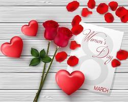8. März. internationale glückliche frauentagesgrußkarte. Blumen Rosen. rote Herzen. weißer Papierbereich für Text. rotes Blütenblatt. Holzhintergrund vektor
