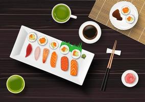Sushi, japanisches Essen auf Holztischhintergrund vektor