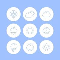 wetterliniensymbole, sonniger, bewölkter tag, regen, schneeflocke, hagel, wind, sonne, schnee runde isolierte symbole, vektorillustration vektor