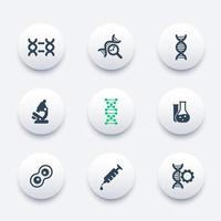 Genetik-Symbole, DNA-Ketten-Vektorpiktogramm, genetische Veränderung, DNA-Replikation, Genforschung, Labor, runde moderne Symbole, Vektorillustration