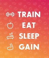 trainieren, essen, schlafen, gewinnen, plakat für fitnessstudio mit fitnesssymbolen