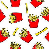 Pommes Frites Fast Food Vektor nahtlose Mustervorlage. ungesunde Junk-Food-Tapete. bunte flache illustration der karikatur lokalisiert auf weißem hintergrund.