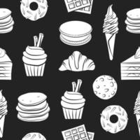 Süßes Essen Umrissskizze Zeichnung nahtlose Mustervorlage, isolierter Vektor schmackhafter Küchenhintergrund, einfache Doodle schwarze Tafel. kekse, donut, kuchen, pfannkuchen, croissant, eis, muffin.