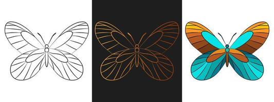 fjäril djur disposition logotyp designelement. svart och guld kontur kontur, linjekonst stil isolerade ikonuppsättning. vacker tatuering mall. tecknad insektsteckning. vektor