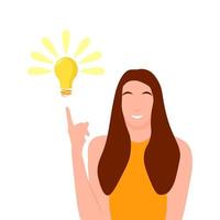 kvinna pekar på glödlampa över henne. glad kvinnlig entreprenör har affärsidé. koncept för innovation, lösning och kreativitet. tecknad vektorillustration. vektor