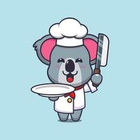 niedliche koala-chef-maskottchen-zeichentrickfigur mit messer und teller vektor