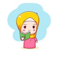 söt muslimsk flicka håller boken Chibi seriefigur handritad illustration vektor
