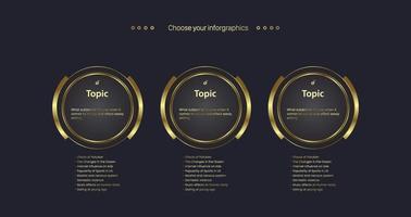 kreis luxus infografik optionen vorlagendesign mit drei goldenen kreisvektoren in dunkler farbe und verwendet für finanzarbeitsablauf und schritt der temwork-präsentationsobjekte unter verwendung, vektor, illustration vektor