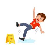 Süßer kleiner Junge, der einen Unfall hat, der auf nassem Boden ausrutscht und in der Nähe eines gelben Warnschilds herunterfällt vektor