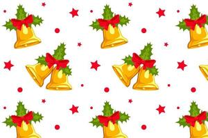 nahtlose Muster mit Weihnachtsglocken auf weißem Hintergrund. Verpackungspapier, Textilien, Banner. Wohnkultur, Stechpalmenblätter, rote Schleife. symbol für weihnachten und neujahr vektor