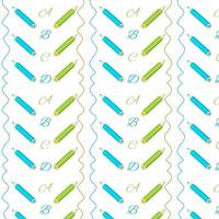 Nahtloses Muster von Bleistiften und Buchstaben auf weißem Hintergrund. blaue und grüne Bleistifte, Buchstaben a, b, c. Muster für Textilien, Verpackungen, Innenarchitektur für Kinder vektor