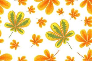 Herbst Musterdesign, orange und grüne Kastanienblätter auf weißem Hintergrund. herbstliche natur. perfekt für Tapeten, Geschenkpapier, Vorlagenfüllung, Webseiten, Herbstgrußkarten