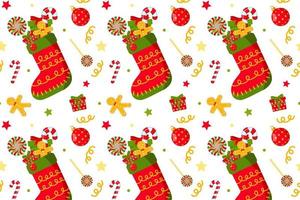 seamless mönster med julstrumpa med presenter på vit bakgrund. förpackningspapper, textilier. heminredning, pepparkaksgubbe, klubba, godis. symbol för jul och nyår vektor