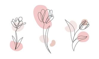 Vektorset von handgezeichneten, einzelnen durchgehenden Linienblumen - Rosen, Blattskizze. kunst florale elemente. Verwendung für T-Shirt-Drucke, Logos, Kosmetika