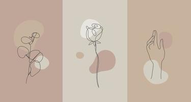 Vektor minimalistischen Stil Pflanzen Blumen. Linie Blume, nackte Farben. handgezeichneter abstrakter Druck. Verwendung für Social-Media-Hintergrundbilder, Schönheitslogos, Posterillustration,