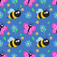 seamless mönster med fjäril, bi och blommor. upprepande vektormönster med insekter. en idé för semesterinbjudningar, barns kreativitet, för papper, tyg, textilier, presentförpackning, reklam. vektor