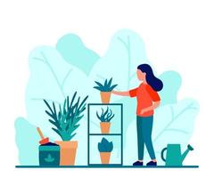 kvinna vård från växt i blomkruka, hobby hem trädgård. grön zon i hus, växt och blomma. vektor illustration