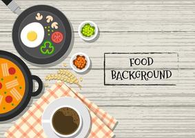 Lebensmittel-Vektor-Illustration. Hintergrund von Speisen. Essen auf einem Holztisch