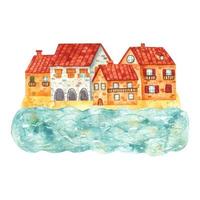 gemütliche handgezeichnete Cartoon-Aquarellhäuser der Stadt am Sandstrand. Gebäude und eine Burg mit einem Turm und einer Uhr am Ufer. illustration von landschaft, natur, sommerferien vektor
