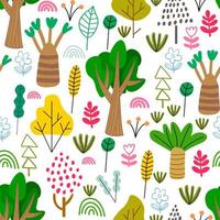 tecknad doodle skog seamless mönster. träd, buskar, löv, blommor i skandinavisk barnslig bakgrund. vektor
