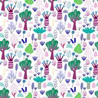 tecknad doodle skog seamless mönster. träd, buskar, löv, blommor i skandinavisk barnslig bakgrund. vektor