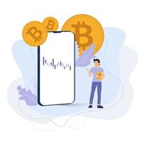 Kluger Mann mit Bitcoin-Währung und Handy des Handelsdiagramms, abstrakte Krypto auf weißem Hintergrund, Vektor für digitale Zahlungen, Illustration