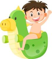 Junge in Badebekleidung neben aufblasbarem Dinosaurier vektor