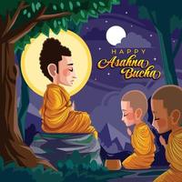 asahna bucha tag mit dem buddha sidharta gautama und seinem schüler, die zusammen meditieren vektor