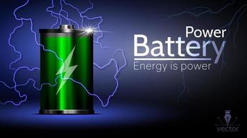 schöne grüne Werbebatterie mit Blitz herum. Power-Vector-Batterie für das Schnittstellendesign verschiedener Gerätetypen. vektor