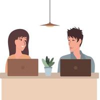 Ein Mann und eine Frau arbeiten im Büro an Laptops. Vektor isoliert.