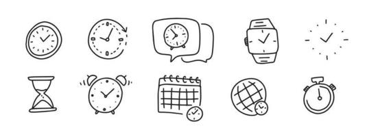 tid doodle ikoner. titta på handritade elementsamling. tecknad vektorillustration av klockor. vektor