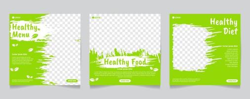 social media template gesundes essensmenü, grün-weiße bürstenform vektor