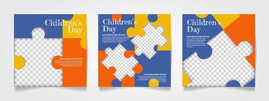 Social-Media-Beitragsvorlage für den bunten Kindertag mit Puzzle-Illustrationsform vektor