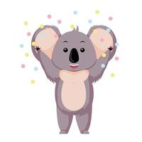 glücklicher Koala mit Konfetti isoliert auf weißem Hintergrund. Zeichentrickfigurenparty. vektor